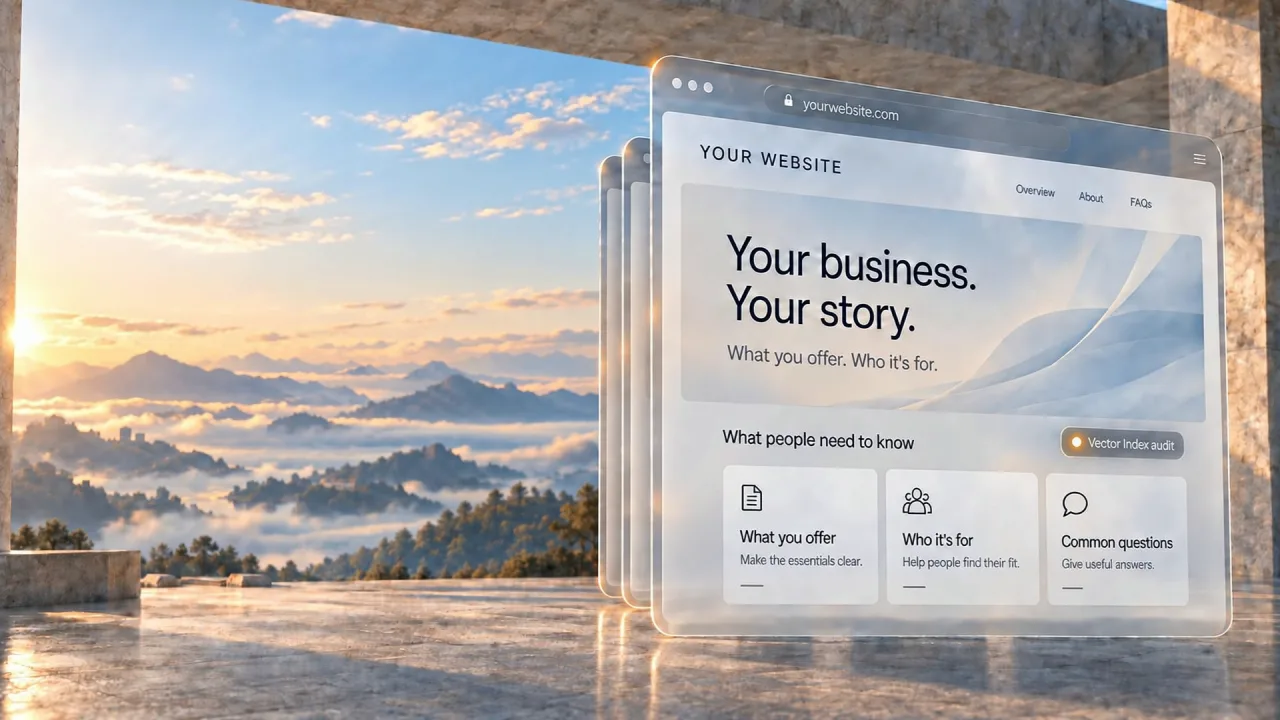 A generic business website drawn as layered glass panels in a sunlit stone pavilion above a valley of cloud.