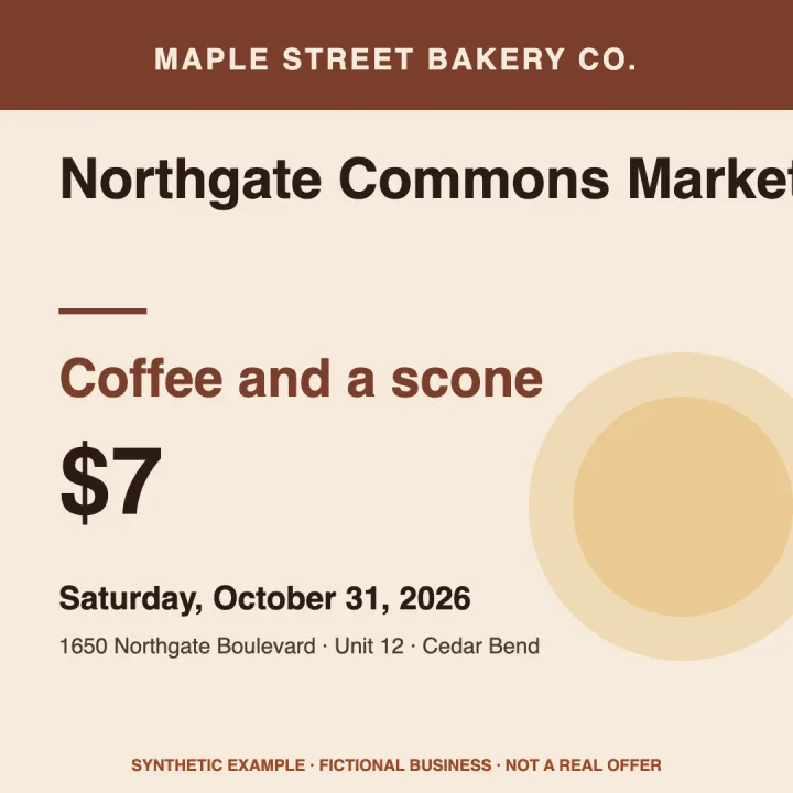 Synthetic draft: a fictional bakery promotion where the long location name is cut off at the right edge